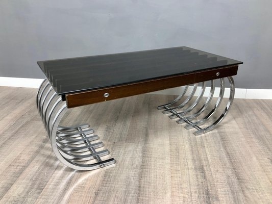 Wood, Chrome & Smoked Glass Side Coffee Table, Italy, 1970s-LYQ-1171766