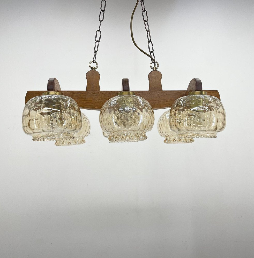 Wood & Glass Ceiling Lamp, Czechoslovakia, 1970s