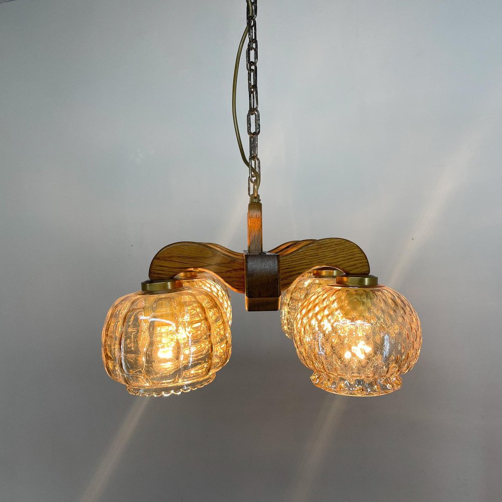 Wood & Glass Ceiling Lamp, Czechoslovakia, 1970s