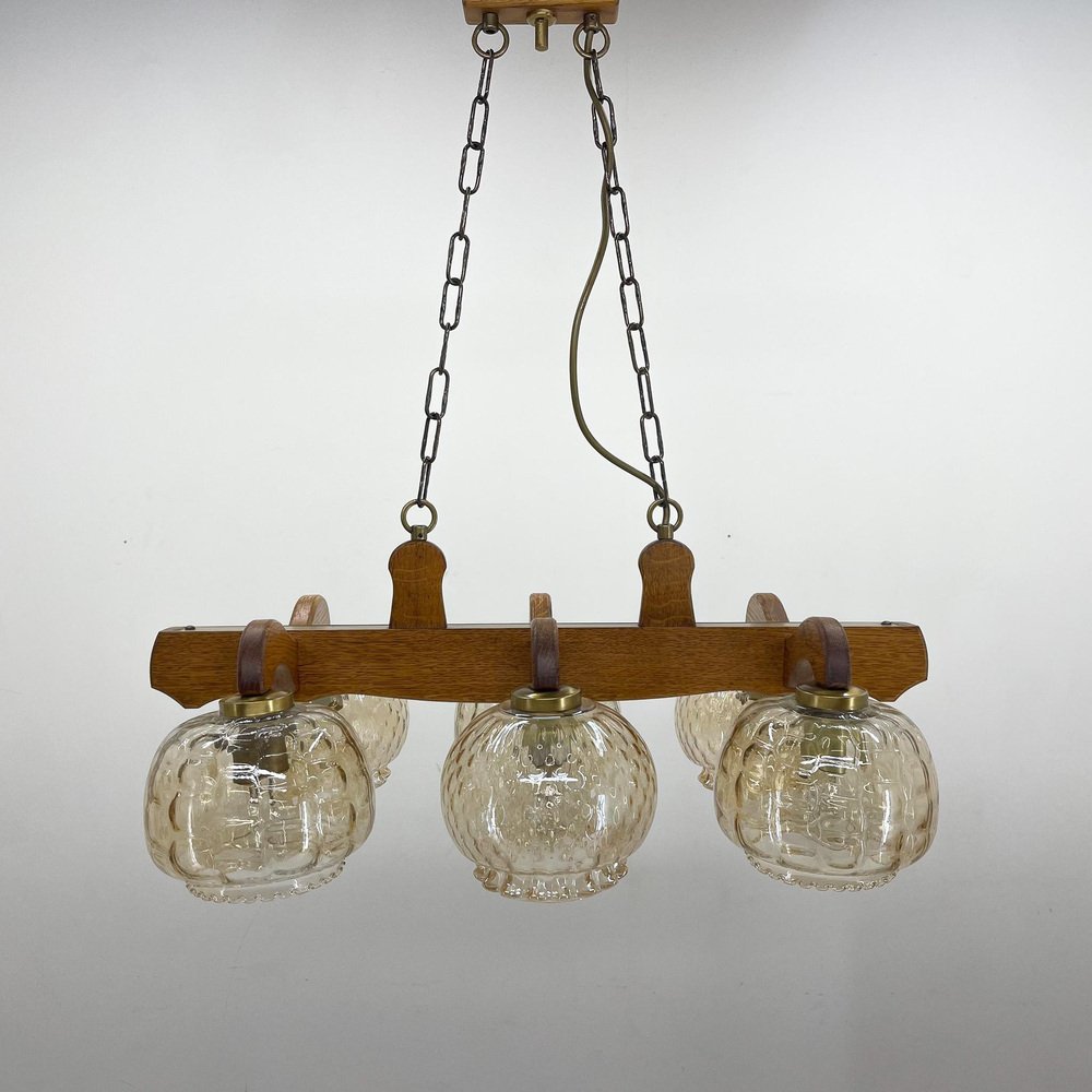 Wood & Glass Ceiling Lamp, Czechoslovakia, 1970s