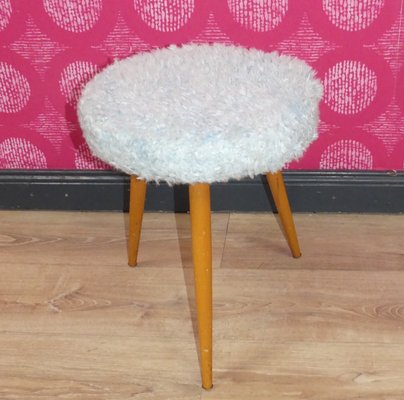 Wood Stool with Filigree Legs & Pastel Blue Fluff Cover-AFE-2023496