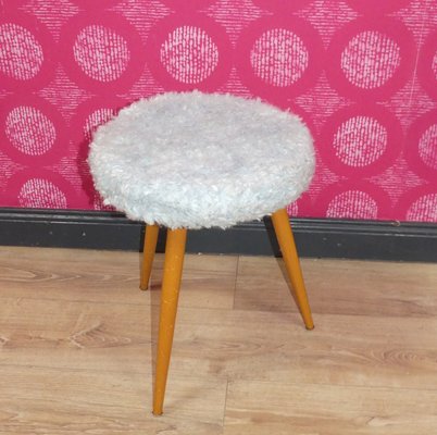 Wood Stool with Filigree Legs & Pastel Blue Fluff Cover-AFE-2023496