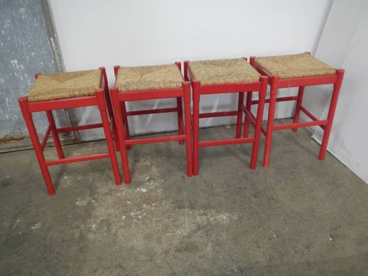 Wood & Straw Stools, 1980s, Set of 4-WWQ-1325206