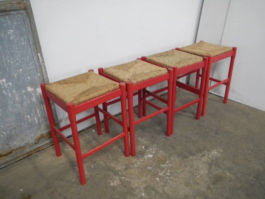 Wood & Straw Stools, 1980s, Set of 4-WWQ-1325206