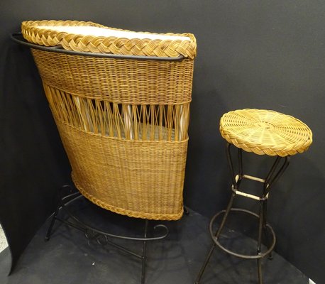 Wood, Wicker and Wrought Iron Bar Cabinet with Stool, 1960s, France., Set of 2-NUC-1314590