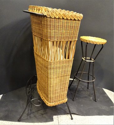 Wood, Wicker and Wrought Iron Bar Cabinet with Stool, 1960s, France., Set of 2-NUC-1314590