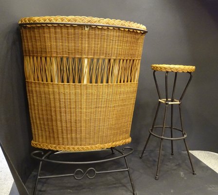 Wood, Wicker and Wrought Iron Bar Cabinet with Stool, 1960s, France., Set of 2-NUC-1314590