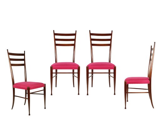 Wooden and Magenta Fabric Dining Chairs by Paolo Buffa, 1950s, Set of 4-RD-2026835