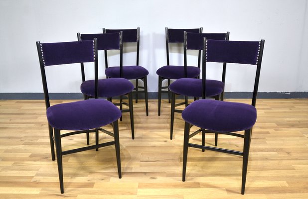 Wooden and Purple Velvet Dining Chairs, Italy, 1950s, Set of 6-QZZ-1305925