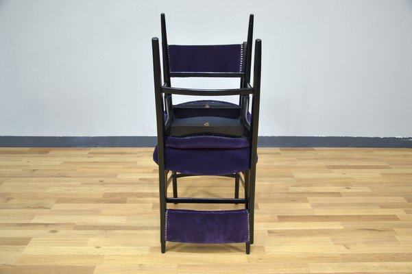 Wooden and Purple Velvet Dining Chairs, Italy, 1950s, Set of 6-QZZ-1305925