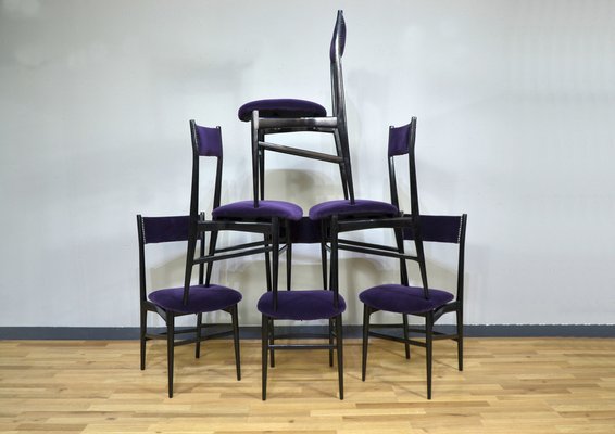 Wooden and Purple Velvet Dining Chairs, Italy, 1950s, Set of 6-QZZ-1305925