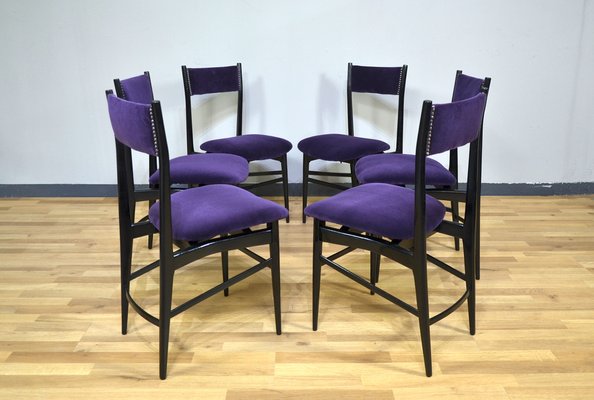 Wooden and Purple Velvet Dining Chairs, Italy, 1950s, Set of 6-QZZ-1305925