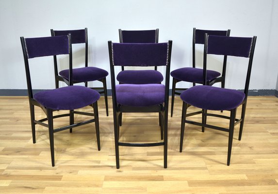 Wooden and Purple Velvet Dining Chairs, Italy, 1950s, Set of 6-QZZ-1305925