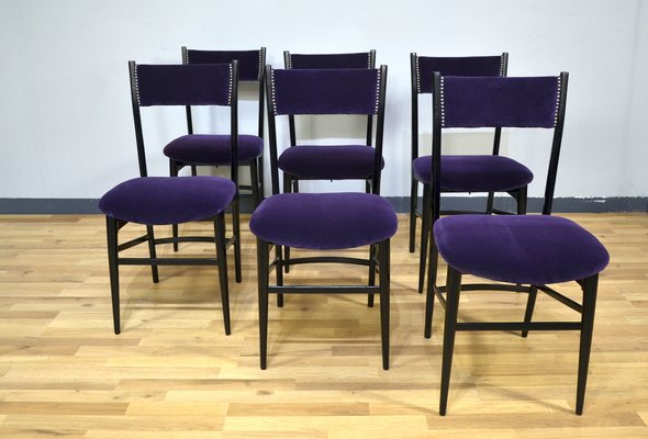 Wooden and Purple Velvet Dining Chairs, Italy, 1950s, Set of 6-QZZ-1305925