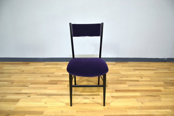 Wooden and Purple Velvet Dining Chairs, Italy, 1950s, Set of 6-QZZ-1305925