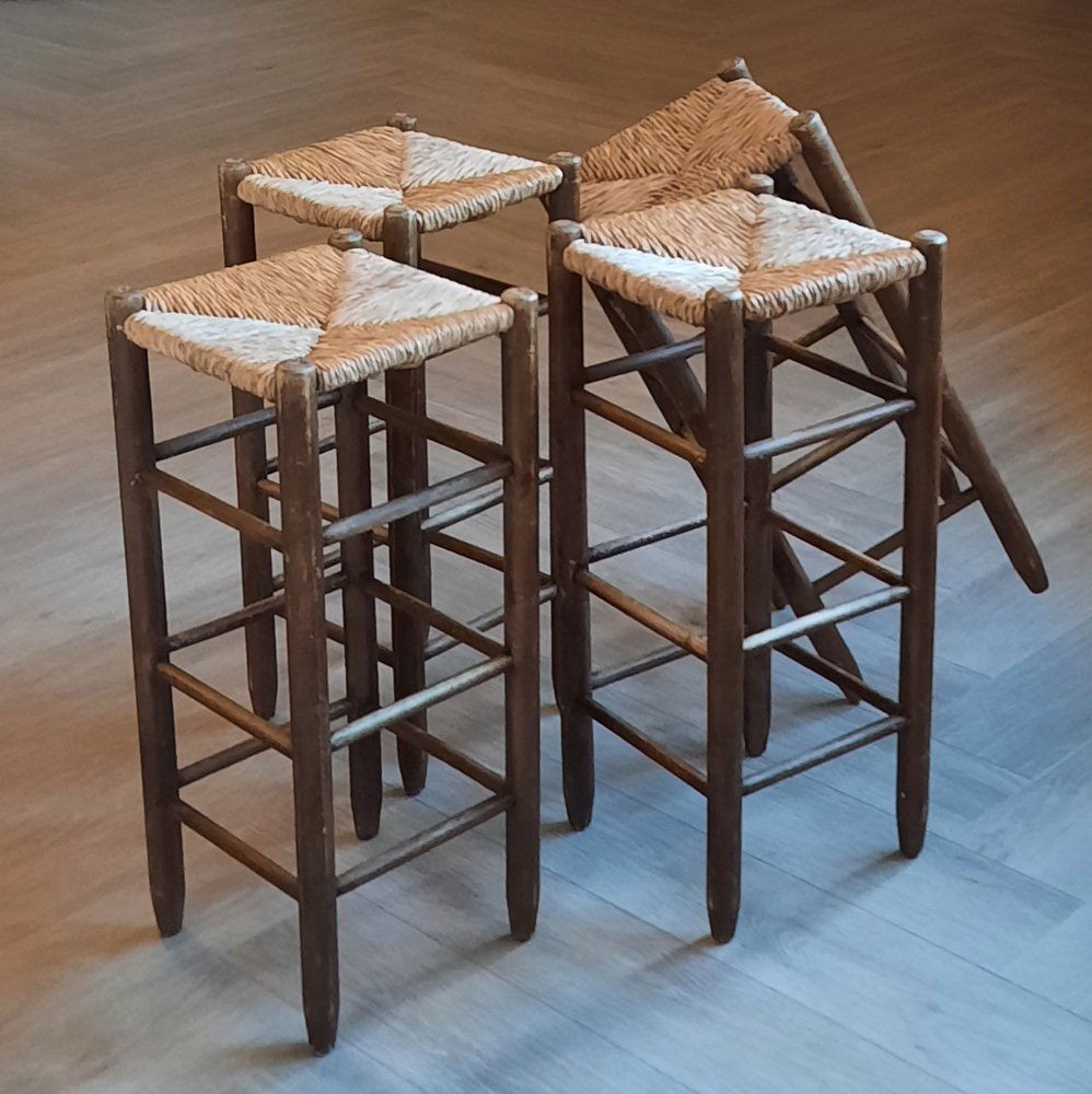 Wooden Barstools with Rush Seats, 1960s, Set of 4