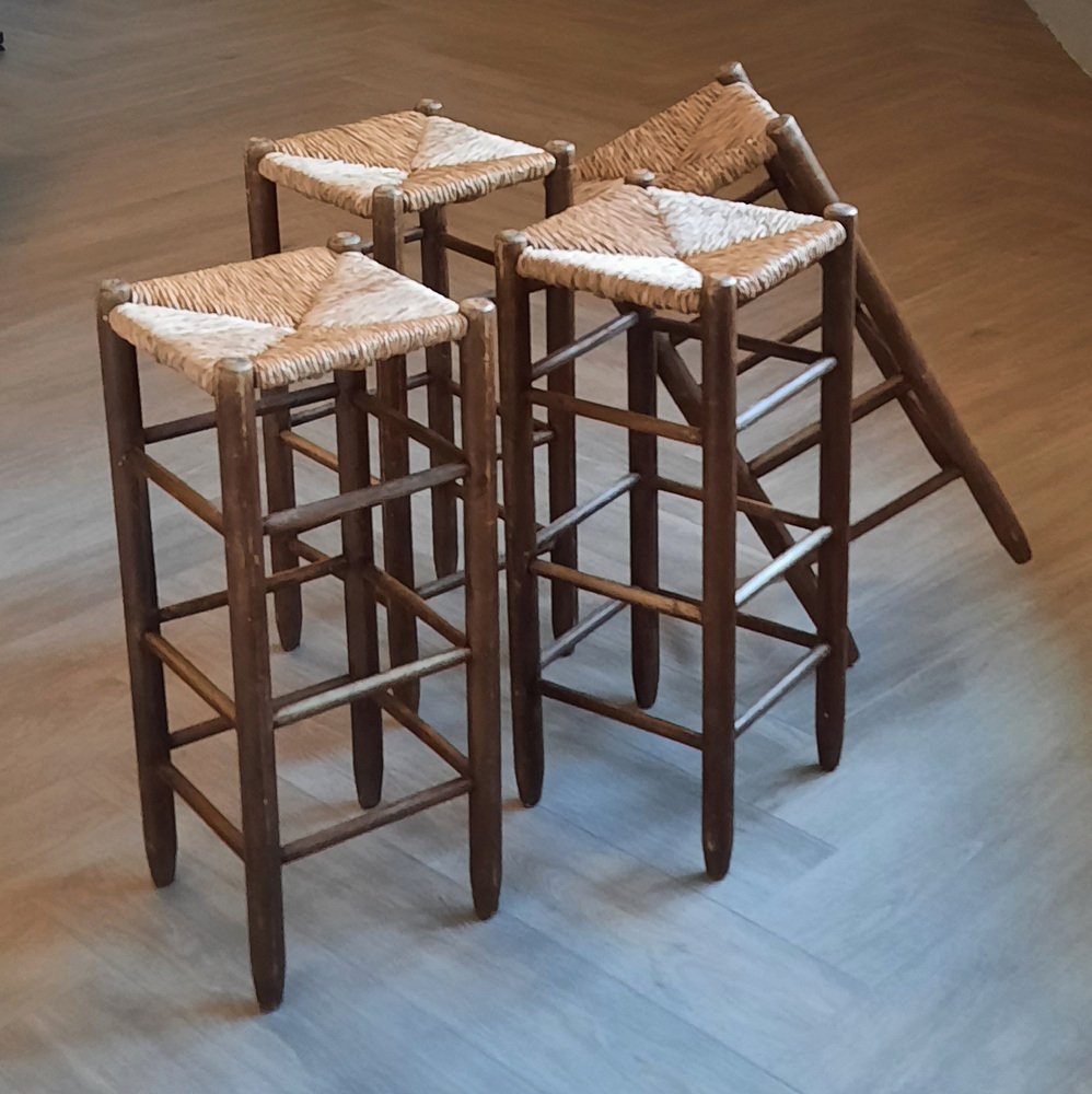 Wooden Barstools with Rush Seats, 1960s, Set of 4