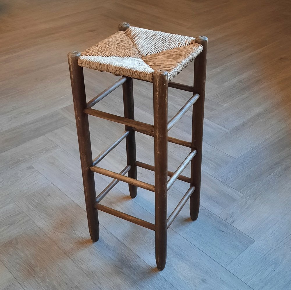 Wooden Barstools with Rush Seats, 1960s, Set of 4