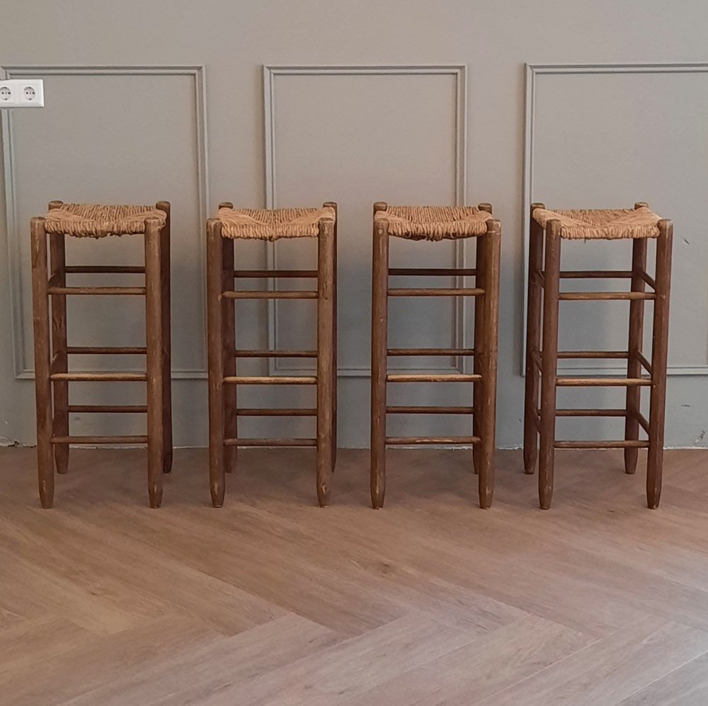 Wooden Barstools with Rush Seats, 1960s, Set of 4