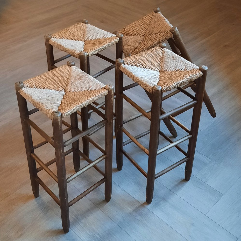 Wooden Barstools with Rush Seats, 1960s, Set of 4