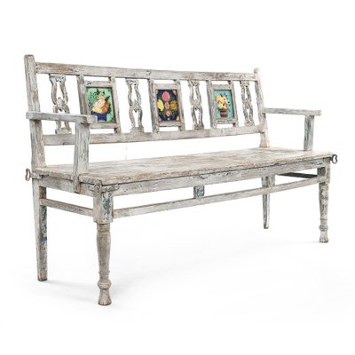 Wooden Bench with 3 Glazed Tiles-NQ-624983