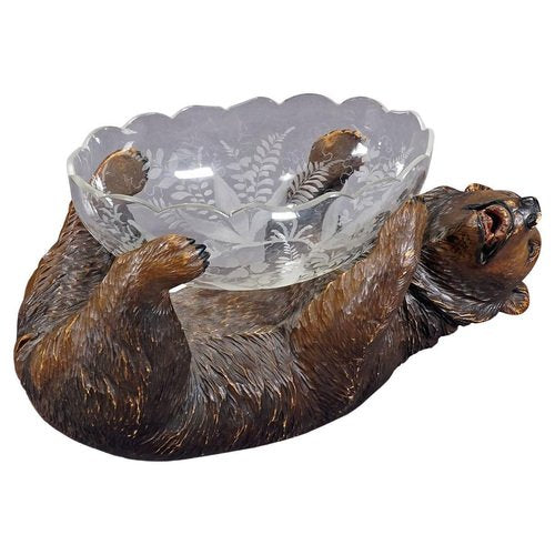 Wooden Carved Black Forest Bear with Glass Bowl, 1900s