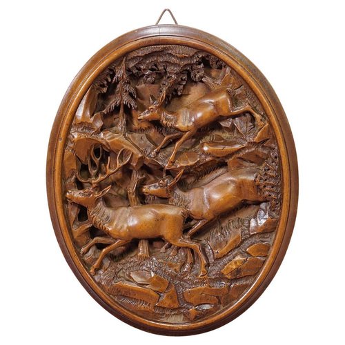 Wooden Carved Plaque with Stag Family, 1900s