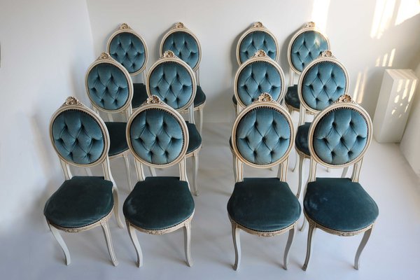 Wooden Chairs in Blue Velvet, Italy, 1960, Set of 12-OKN-2041017