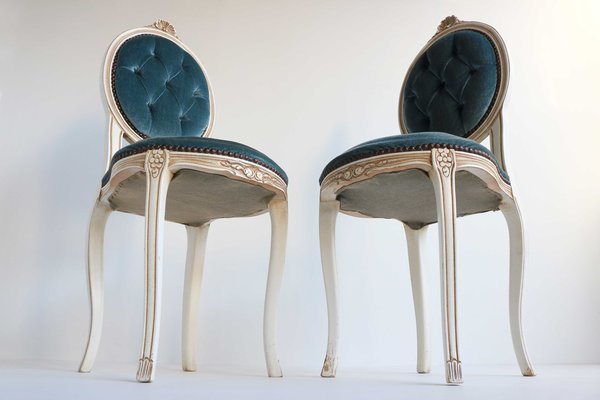 Wooden Chairs in Blue Velvet, Italy, 1960, Set of 12-OKN-2041017