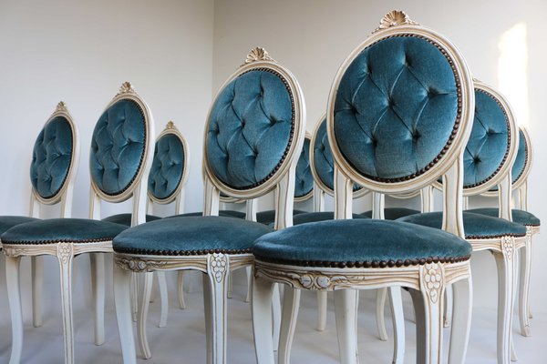 Wooden Chairs in Blue Velvet, Italy, 1960, Set of 12-OKN-2041017