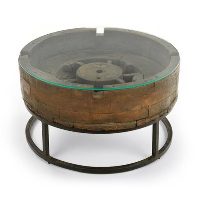 Wooden Coffee Table with Glass Top and Cast Iron Base-NQ-955670