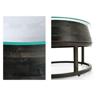 Wooden Coffee Table with Glass Top and Cast Iron Base-NQ-946353