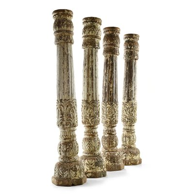 Wooden Column in Carved White Patina-NQ-963452