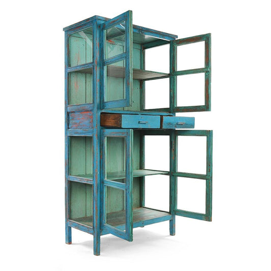 Wooden Glass Cabinet with Blue Patina and 2 Drawers