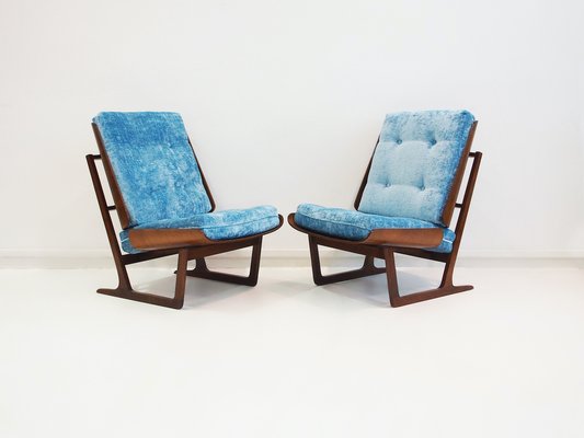 Wooden Lounge Chairs with Molded Plywood Backrest and Blue Upholstery, Set of 2-ZYF-1769807