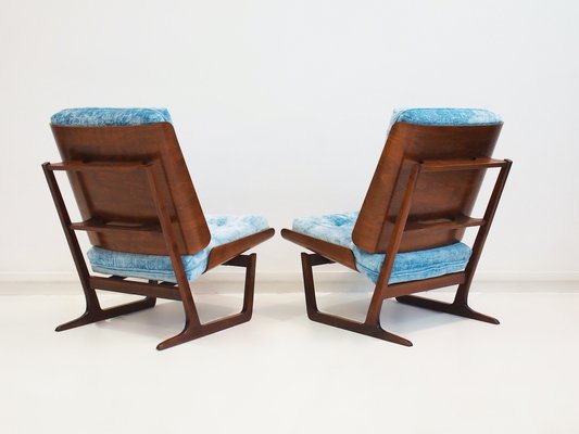 Wooden Lounge Chairs with Molded Plywood Backrest and Blue Upholstery, Set of 2-ZYF-1769807