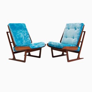 Wooden Lounge Chairs with Molded Plywood Backrest and Blue Upholstery, Set of 2-ZYF-1769807