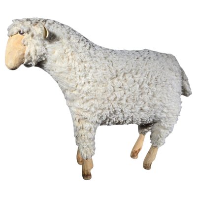 Wooden Sheep Sculpture with Natural Wool, 1950s-FDW-2039622