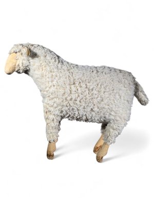 Wooden Sheep Sculpture with Natural Wool, 1950s-FDW-2039622