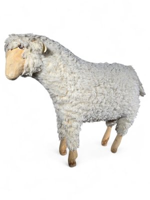 Wooden Sheep Sculpture with Natural Wool, 1950s-FDW-2039622