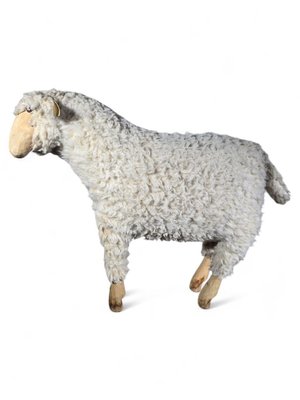 Wooden Sheep Sculpture with Natural Wool, 1950s-FDW-2039622