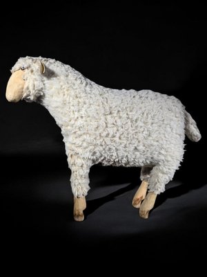 Wooden Sheep Sculpture with Natural Wool, 1950s-FDW-2039622