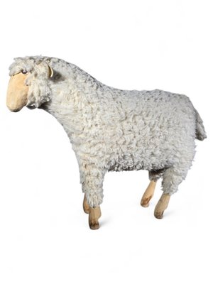 Wooden Sheep Sculpture with Natural Wool, 1950s-FDW-2039622