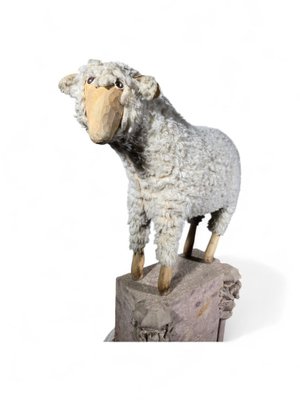 Wooden Sheep Sculpture with Natural Wool, 1950s-FDW-2039622