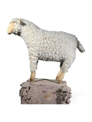 Wooden Sheep Sculpture with Natural Wool, 1950s-FDW-2039622