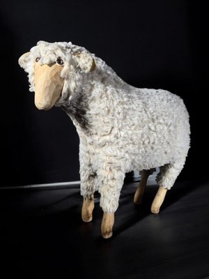 Wooden Sheep Sculpture with Natural Wool, 1950s-FDW-2039622