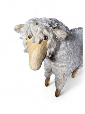 Wooden Sheep Sculpture with Natural Wool, 1950s-FDW-2039622