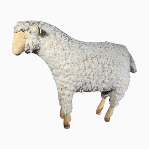 Wooden Sheep Sculpture with Natural Wool, 1950s-FDW-2039622