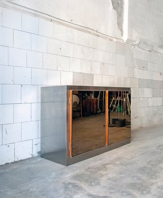 Wooden Sideboard in Steel and Mirror Glass, Italy, 1970s-VCV-1005372