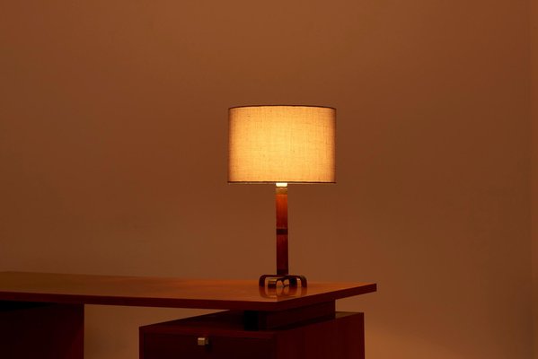 Wooden Table Lamp with Grey Lampshade, 1950s-SFD-1092539